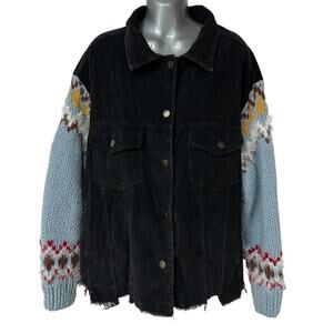 POL Trucker Jacket Black Corduroy Blue Knit Sweater Sleeves Women's Size Medium